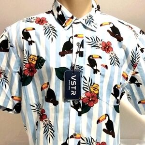 VSTR BLUE WHITE STRIPE TOUCAN CASUAL SHORT SLEEVE BUTTON UP SHIRT SIZE L…